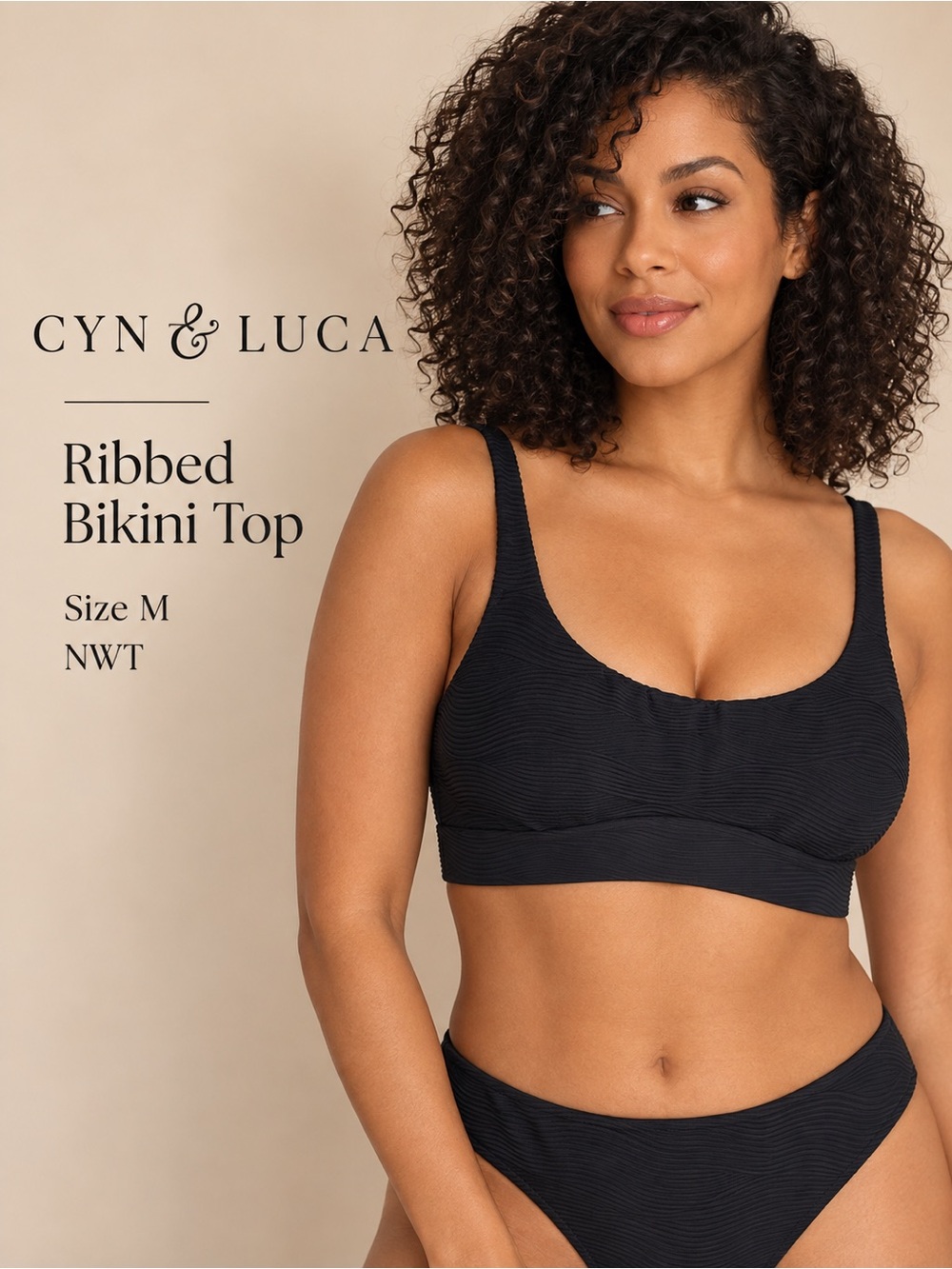 Cyn & Luca Black Ribbed Bikini Top Size M NWT